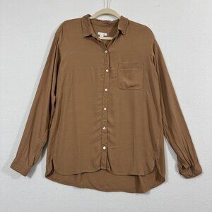 J. Jill Brown Button Up Rayon Blouse Sz S Tall Top Long Sleeves Pocket
